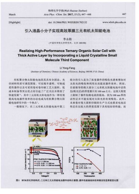 引入液晶小分子实现高效厚膜三元有机太阳能电池