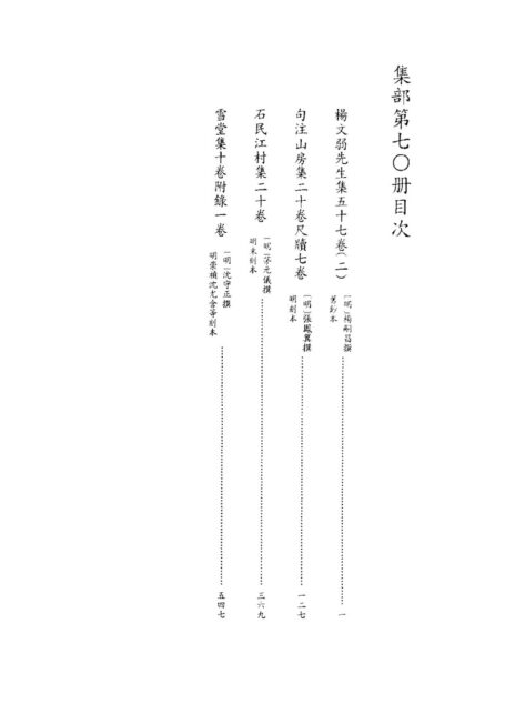 四库禁毁书丛刊 集部第七零册目次