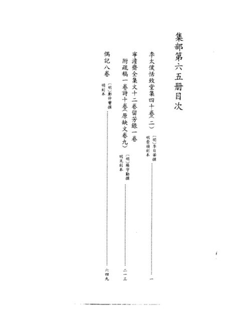 四库禁毁书丛刊 集部第六五册目次