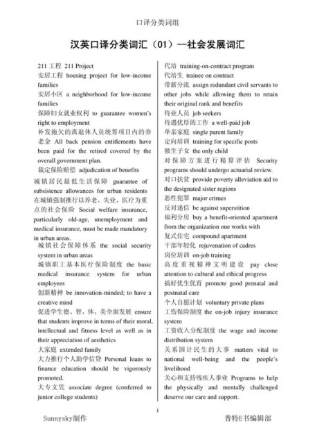 汉英口译分类词汇